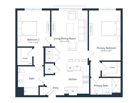 Floor plan for 2 beds, 2 baths, 1086 sqft